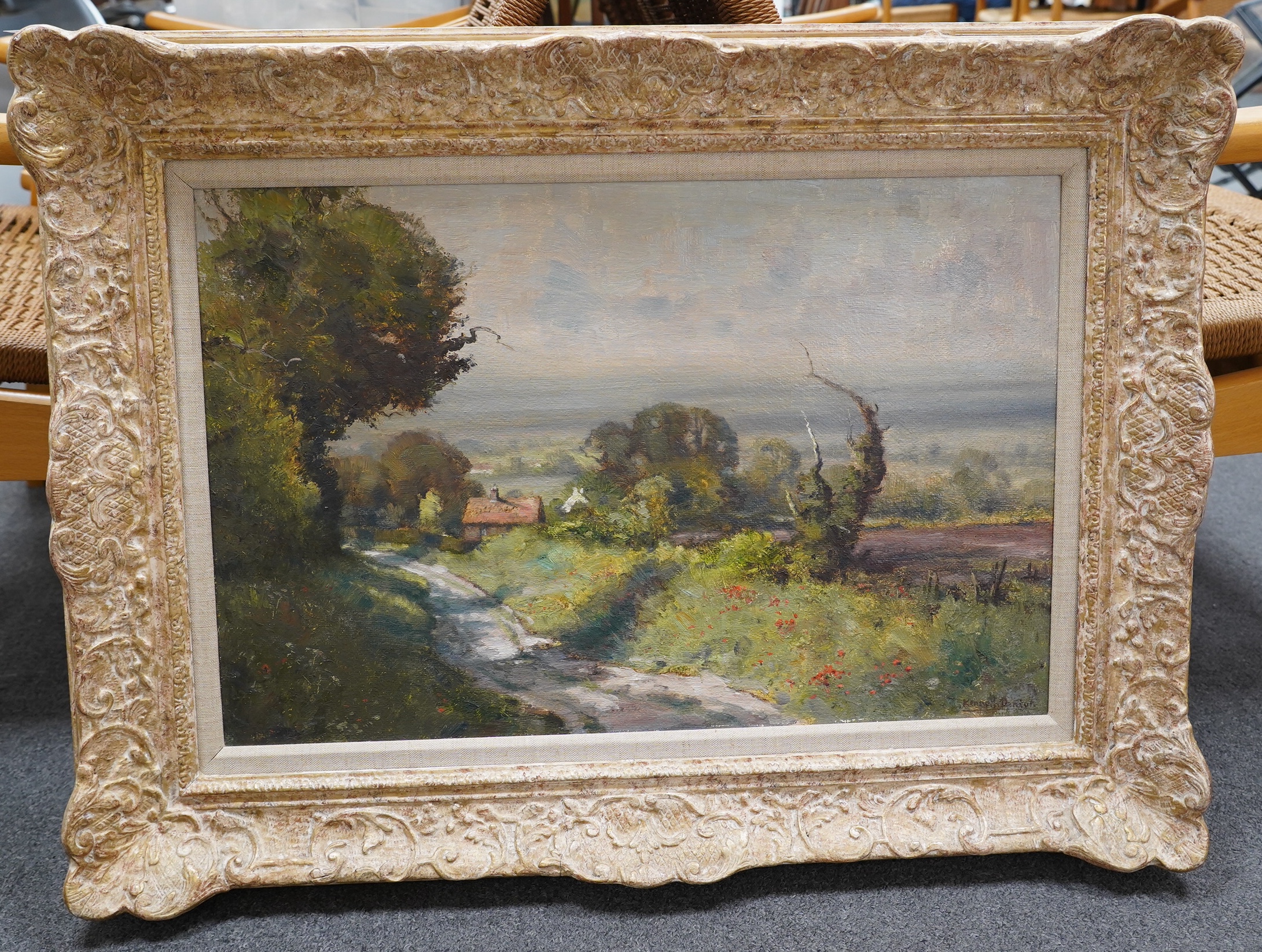 Kenneth Denton (b.1932), oil on board, 'The lane in June' signed, ex. Stacey Marks inscribed label verso, 39 x 59cm. Condition - good